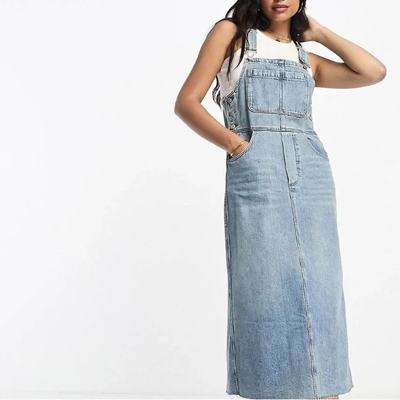 knee length dresses for ladies Button Denim Midi Pinafore Dress (Light Blue) – Megoosta Fashion main image 0